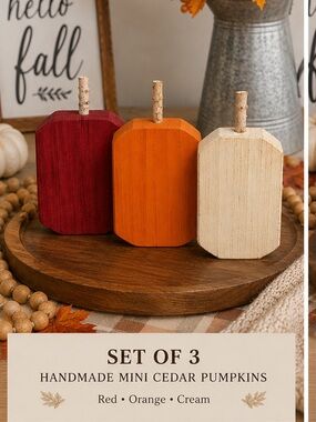 Handmade Cedar Wood Pumpkins Set of 3 Rustic Fall Autumn Decor